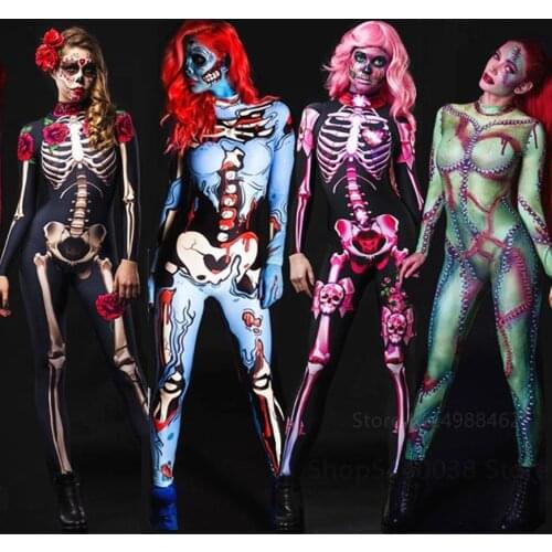 Scary Skeleton Jumpsuit Halloween Cosplay Costumes for Women Carnival Party Horror Bodysuit Bodycon Streetwear Flexible Outfit
