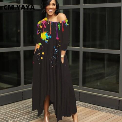 CM.YAYA Women Long Dress Print Short Sleeve O-neck Loose Asymmetrical Maxi Midi Dresses with Pockets Fashion Streetwear Summer