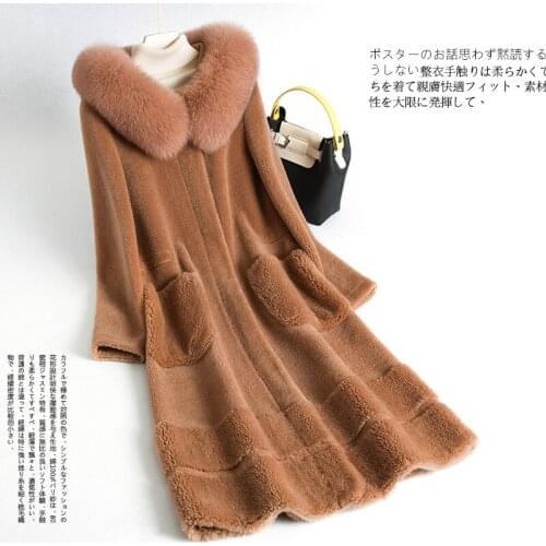 Coat Sheep Shearling Real 200% Wool Coats Fox Fur Collar Hooded Women Autumn Winter Jacket Female Jackets S2220 YY664