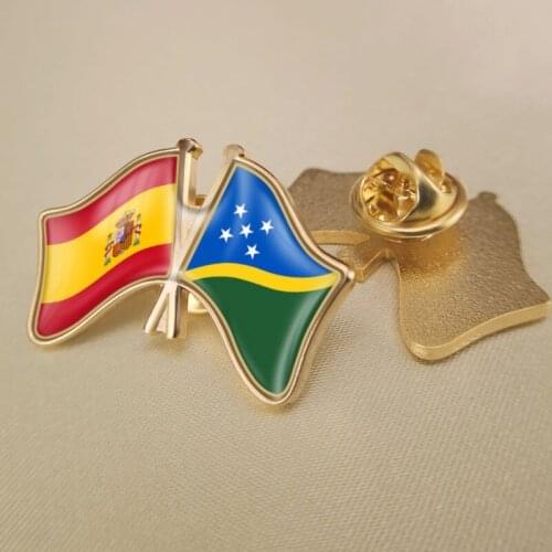Spain and Solomon Islands Crossed Double Friendship Flags Lapel Pins Brooch Badges
