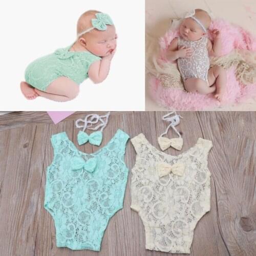 2Pcs/set Baby Photography Props Backless Hollow Bowknot Newborn Girls Lace Romper