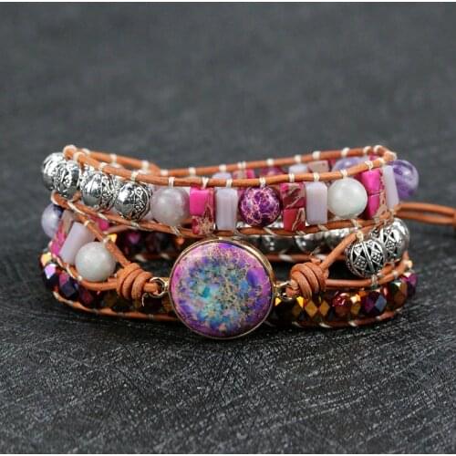 2021 New arrive Unique Mixed Handmade natural stone round shape charm Leather Wrap Bracelet&Bangle yoga lovers gift Jewelry