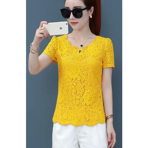 Blouses Tops blusas feminina korean spring Summer women vestidos loose Short sleeve yellow lace shirts female DD2492