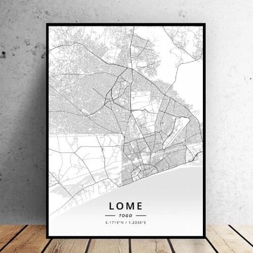 Black and White Lome Togo Latitude Longitude Canvas Art Map Poster