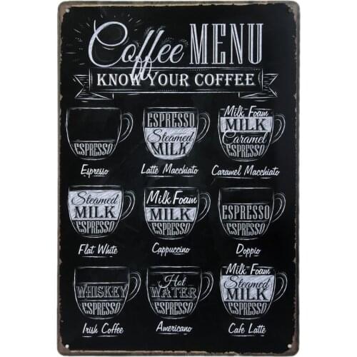Coffee Menu Know Your Coffee, Metal Tin Sign, Wall Decorative Sign, Size 8" X 12"