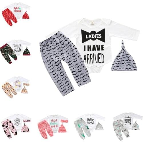 Baby Spring Autumn Clothing Newborn Baby Boys Long Sleeve Letter Bodysuit Jumpsuit Camo Pants Hat 3Pcs Outfits Set Clothes