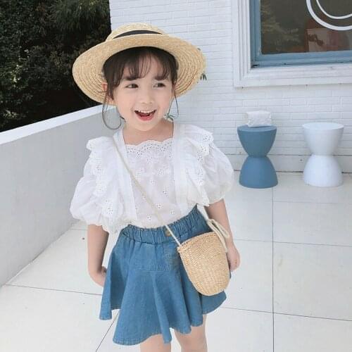 DFXD Summer Girls Clothing Sets Korean Style Fashion White Ruffles Wood Ear Lace Puff Sleeve Tops Blue Denim Pleated Skirts 2pc