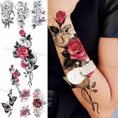 Colorful Rose Snake Temporary Tattoos For Women Girls Sun Flower Skull Butterfly Fake Tattoo Sticker Sexy Arm Body Tatoos Charm
