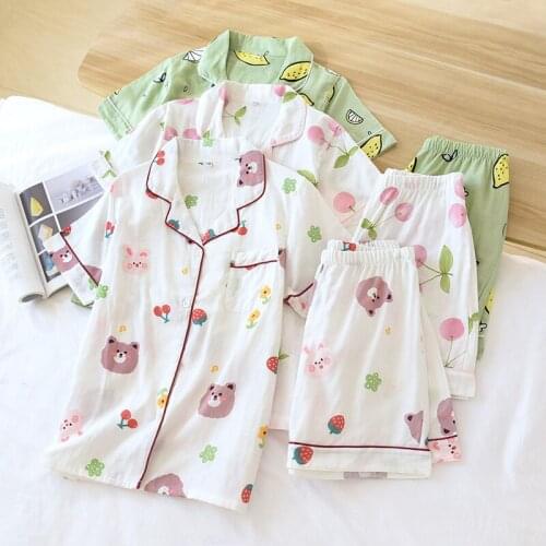 Summer Womens Cotton Pajamas Shorts Breathable Gauze Short Sleeve Sleepwear Set Cartoon Printed Homewear Female Casual Pyjamas