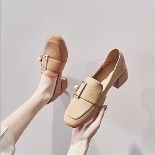 Square Head Loafers 2020 Spring New British Style Fashion Novelty Wild Comfortable Multi-color Crude Heel Womens Single Shoes