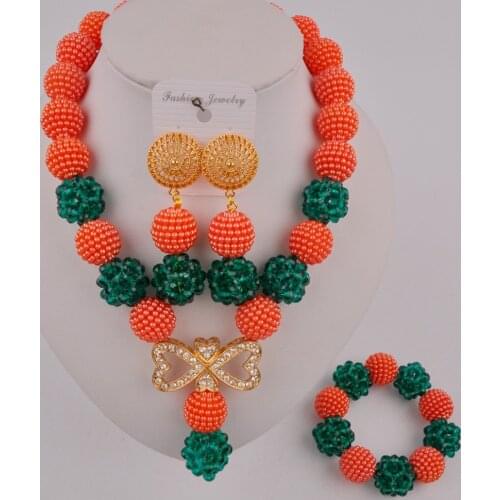 Romantic Orange and Army Green Beaded Nigerian Necklace African Wedding Jewelry Set SP1-18