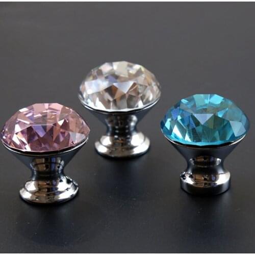 30mm modern fashion clear blue pink glass crystal drawer tv cabinet knobs pulls silver chrome kitchen cabinet cupboard handles