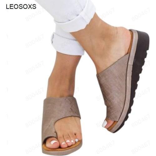 Shoes For Women 2021 Summer PU Leather Comfy Platform Flat Sole Large Size Slippers Solid Color Slip-on Sandals