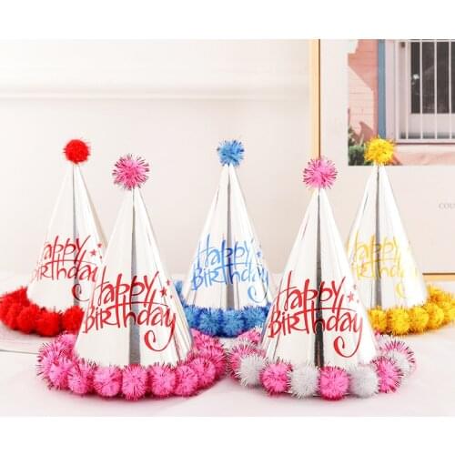 2pcs Birthday Cap Baby Kid Birthday Party Hat Child Crown Decoration Pompon Cap silver Birthday Hat Party decoration supplies