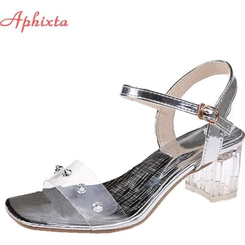 Aphixta 6.5cm Square Heels Summer Rivets Women Sandals Transparent Silver Slides Cool Open Toe Flip Flops Mujer Big Size 45 46