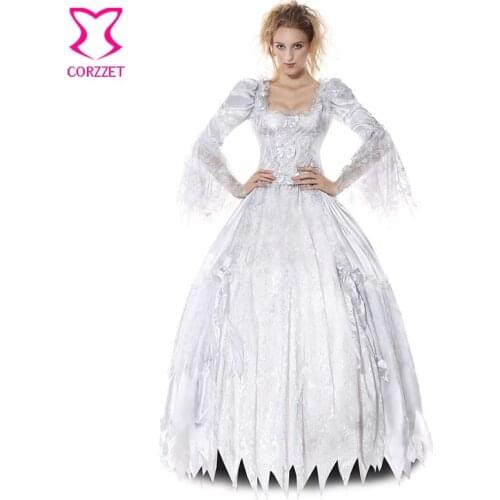 Victorian Gothic Zombie Ghost Bride Fancy Dress White Lolita Cosplay Vampire Corpse Countess Sexy Halloween Costumes for Women