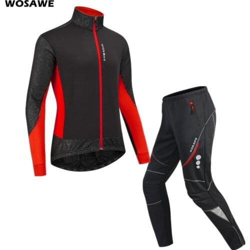 WOSAWE Winter Thermal Fleece Cycling Jackets Men Long Sleeve Jersey Refective MTB Suit Riding Bike Cycling Clothing Pants Set