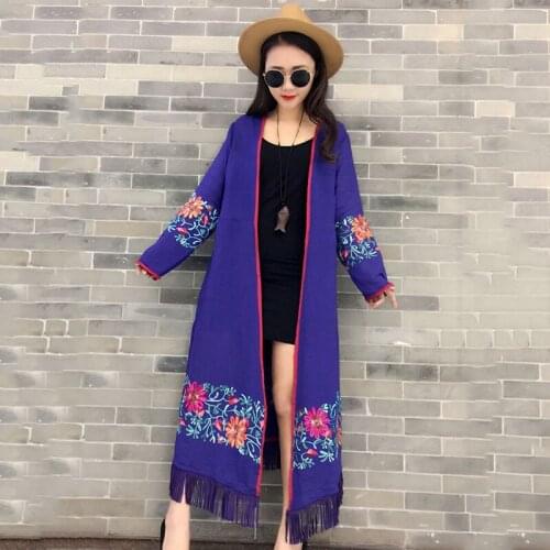Vintage Women Long Cardigan Blouse shirt Female long sleeve Linen blouse Elegant Lady Loose Tops Autumn Spring shirt Tassel Hem