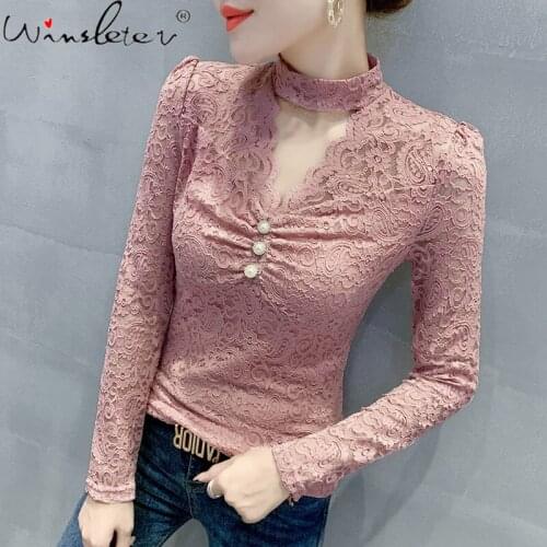 Spring 2020 Lace Shirt Women Embroidery Turtleneck Ruched Sexy Transparent T-shirt Tops Slim Stretchy Long Sleeve T010207A