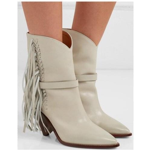 Autumn Winter Women Booties Fringed Leather Ankle Boots White Tassel Boots Spike Heels Woman Shoes