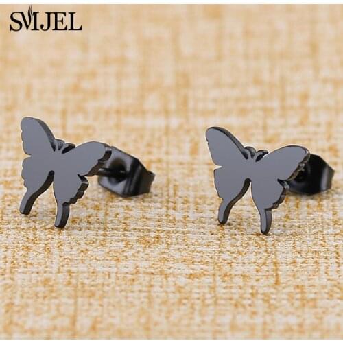 SMJEL New Kpop Butterfly Earrings Black Stainless Steel Stud Earring Women Fashion Jewelry boucle d'oreille Ear Studs orecchini