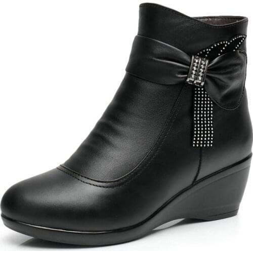 2020 New fashion Autumn Winter boots Snow Boots Large Size 34-43 Rhinestone Cowhide Leather Shoes Woman Boots wedges Warm Shoes