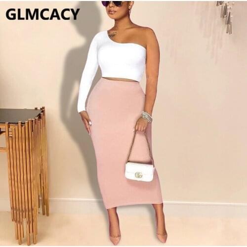 Women Two Piece Slim Elegant Dress Suits One Shoulder Crop Top & Pencil Midi Skirt Set