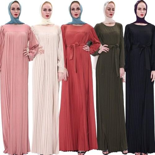 5 Colors Muslim Women Long Dress Pleated Elegant Abaya Ramadan Islamic Malay With Belt Maxi Robe Long Sleeve Maxi Robe Fashion