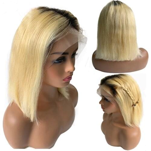 Ombre Short 613 Bob Blonde Hair Dark Root 100% Brazilian Hair Silk Straight Middle T Part Cut Lace Front Wigs Natural Hairline