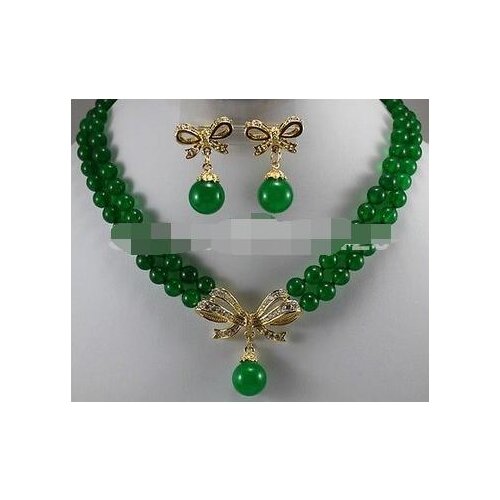 2Strands new fine jewelry Green jade Round Necklace Earring SET