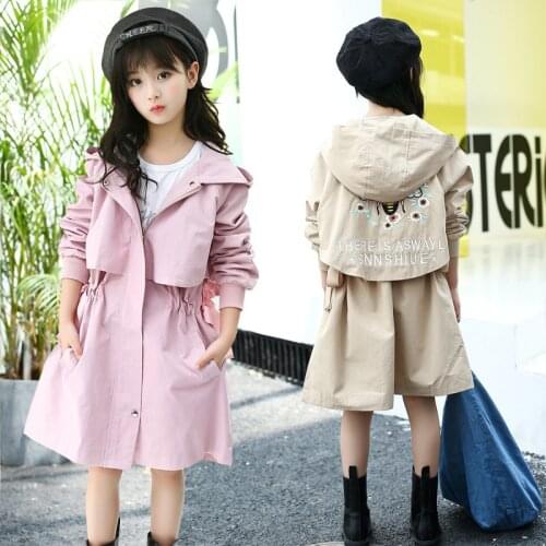 2019 Autumn Big Childrens Fashion Coats Girls Cotton Embroidery Hooded Jacket Big Kids Long Windbreaker Girls Trench Outwear