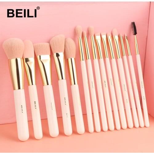 BEILI Pearl White Gold Professional Make up Brushes Eye Blending Eyebrow Foundation Makeup Brushes Kit Pink Nanofiber Hair