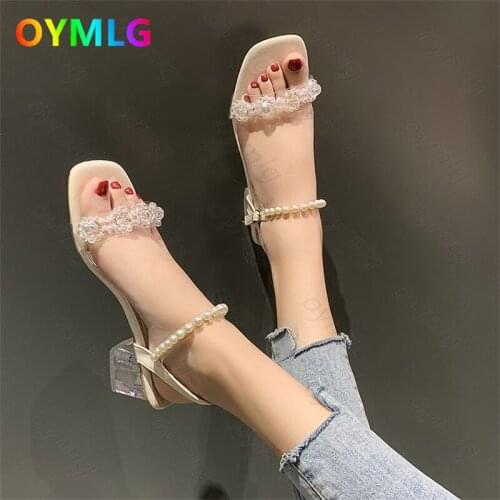 Rhinestone thick heel sandals women 2021 new summer fairy style casual square toe open toe fashion high heels