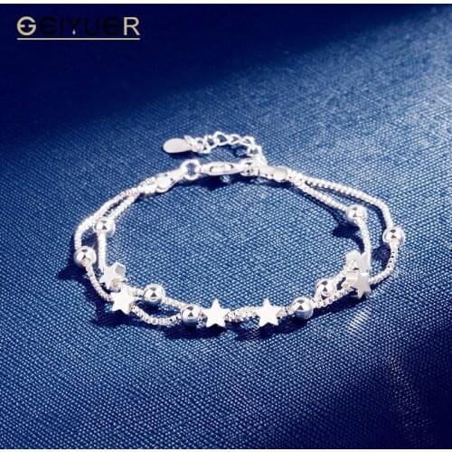 925 Sterling Silver Bracelets Double Layers Stars Beads Charm Pendant for Women Elegant Box Chain Birthday Party Jewelry 2021New