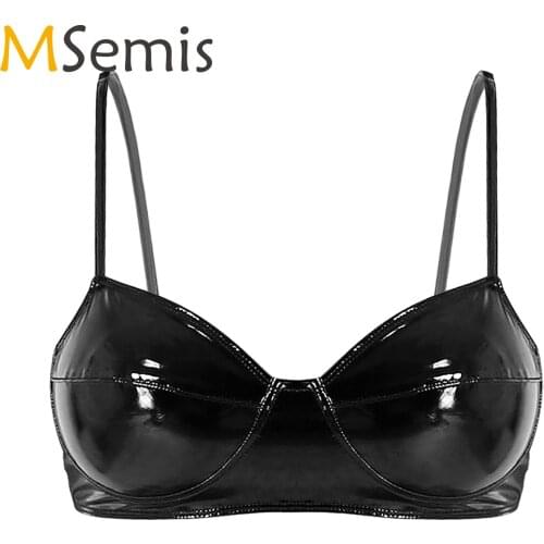 MSemis Black Womens Lingerie Fashion Wetlook Faux Leather Bra Sexy Wire-free No Pad Bra Top for Women for Raves Dances Clubwear