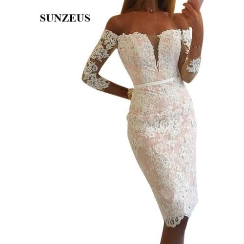 Elegant Knee Length Lace Bridesmaid Dresses With Appliques Beads Off Shoulder Three Quarter Sleeves Party Gowns Women Prom Dress