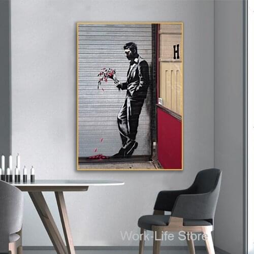 Banksy Street Graffiti Art Canvas Painting Wall Art Man WITH Flowers Posters and Prints Picture Living Room Cuadros Home Decor