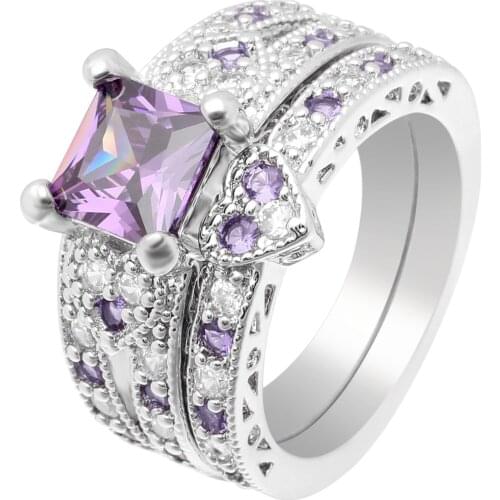 UFOORO Purple/Red/Green/Yellow Cubic Zircon White Gold Ring Set For Woman Beautiful Wedding Jewelry Gift Micro Pave Small Stone