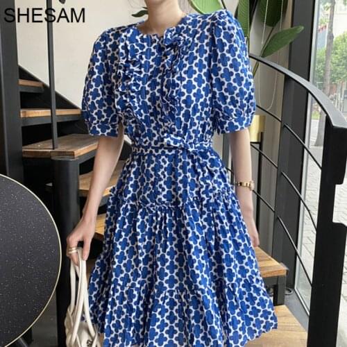 Korean Chic Dress Fresh Printing Round Neck Sexy Dress Ear Lace Up Waist Ruffle Bubble Sleeve Dress