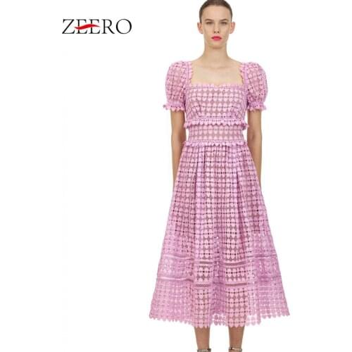 Summer Runway Women Embroidery Square Neck Lace Ruffles Long Dress Elegant Female Pink Sexy Backless Maxi Party Dresses Vestidos