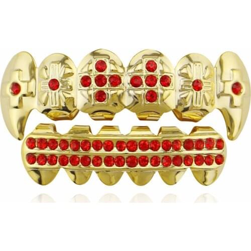 Grillz Teeth Men Women Body Jewelry Iced out Hip Hop red blue pink Top Bottom cross False Teeth Bump Lattice Dental Grills Set