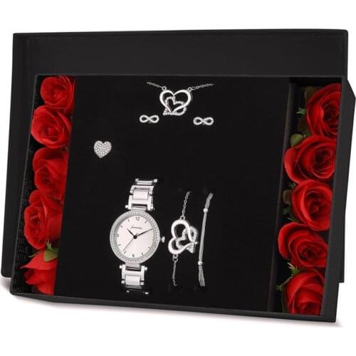 Çift Kalp Kolye Küpe Bileklik Saat Hediye Set