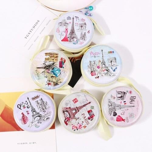 Cartoon Tinplate Coin Purse Eiffel Tower Princess Girls Key Case Wallet Children Headset Bag mini Coin Bag