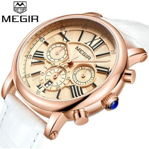 Original MEGIR Watch Women Watches Top Brand Ladies Quartz White Leather Band Clock Relogio Feminino Sports Female Wristwatches