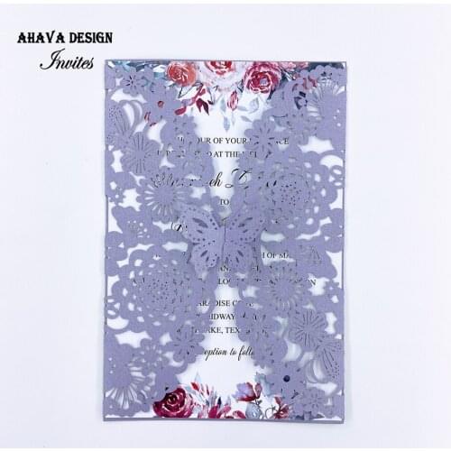 Romantic Violet Laser Cut Wedding Invites, Butterfly Laser Pocket With Customized Insert {Free Infinite Design Before Pay