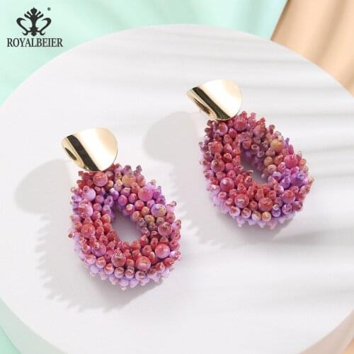 Royalbeier 2021 Retro Purple Color Simple Pendant Earrings For Women Vintage Hanging Round Handmade Bead Earring Big Ear Jewelry