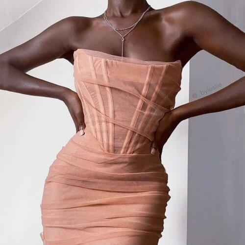 Sexy Strapless Dress Summer Womans Mesh Wrapped Chest Mini Dress Fashion Solid Color Party Bodycon Dress