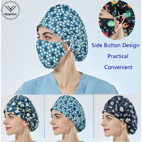 Cartoon Print Long Hair Scrubs hats adjustable scrub caps Beautician cap Spa Hats Experiment operator pet shop work scrub Hats