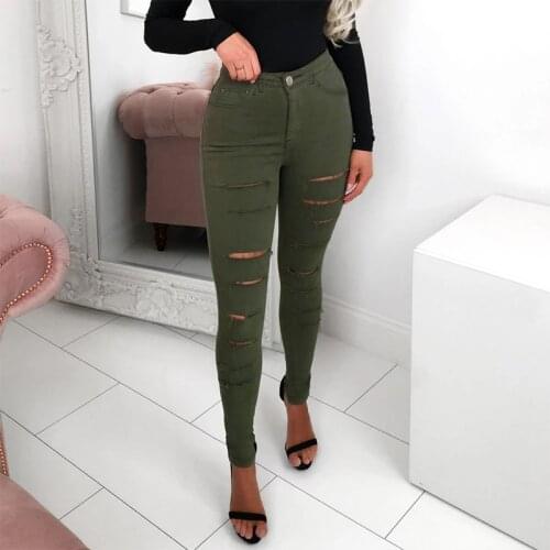 Skinny Women Jeans Elastic Ripped Pencil Pants Full Length Pockets Casual Lady Denim Trousers Army Green High Waisted Jeans