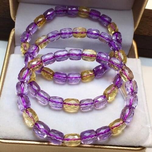 Genuine Natural Ametrine Purple Yellow Clear Barrel Faceted Beads Bracelet 6.3/7.5mm Women Men Charms Crystal Jewelry AAAAA